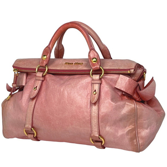 Miu Miu Logo Handbag Ribbon Leather Pink - Picture 1 of 7